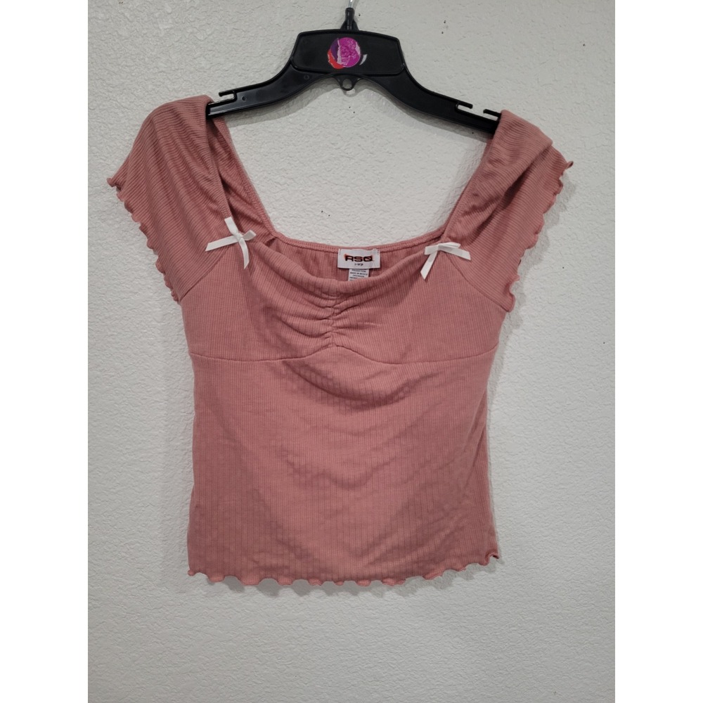 RSQ Womens Pink Ribbed Square Neck Bow Top Lettuce Edge XL New Tillys #22